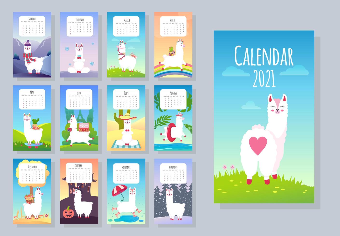 calendário mensal bonito de 2021 com lhama, alpaca vetor