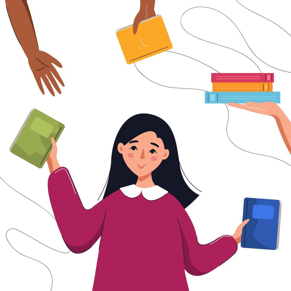 menina sorridente dando livros. conceito de livros, bookcrossing, educação, leitura, desenvolvimento, doação. ilustração vetorial isolado. vetor