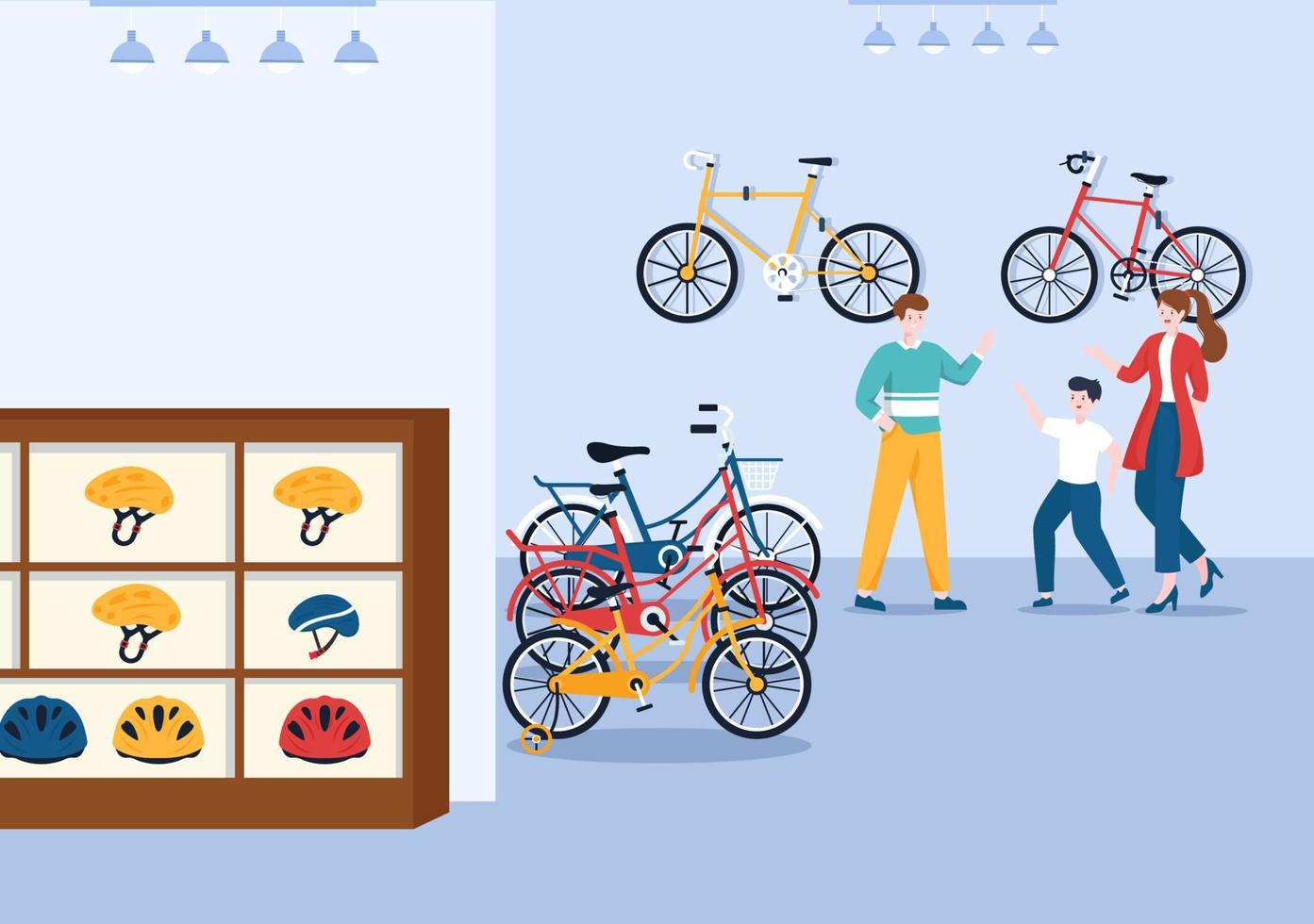 loja de bicicletas com compradores que escolhem bicicletas, acessórios ou equipamentos de engrenagem para andar no modelo ilustração plana de desenhos animados desenhados à mão vetor