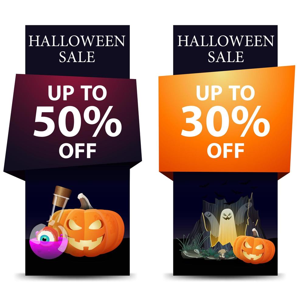 banners verticais de venda de halloween com abóbora, poção e fantasmas vetor