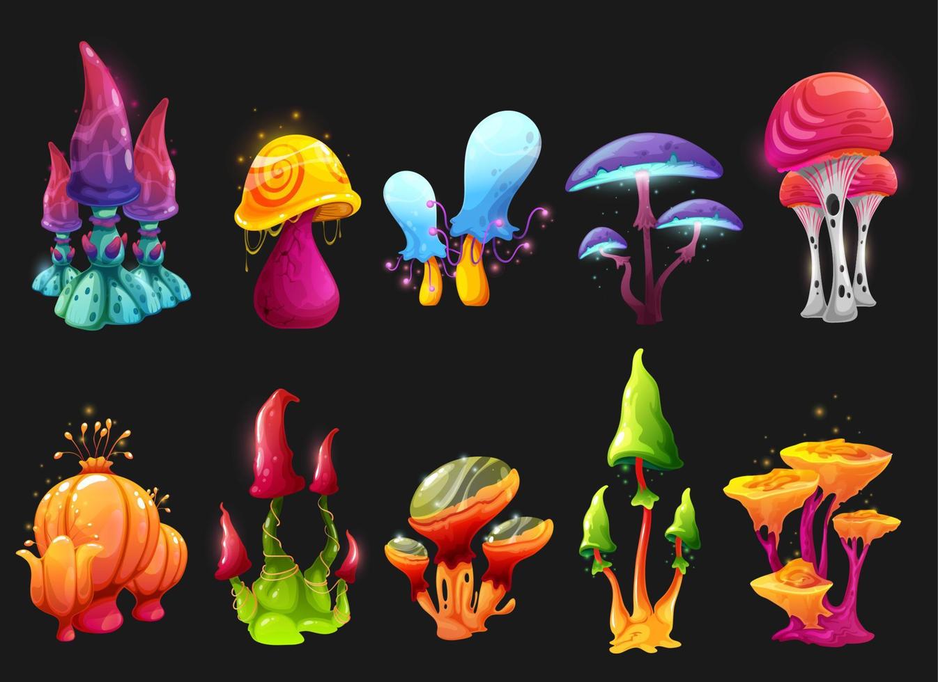 cogumelos de fadas mágicos, cogumelos tóxicos de desenho animado vetor