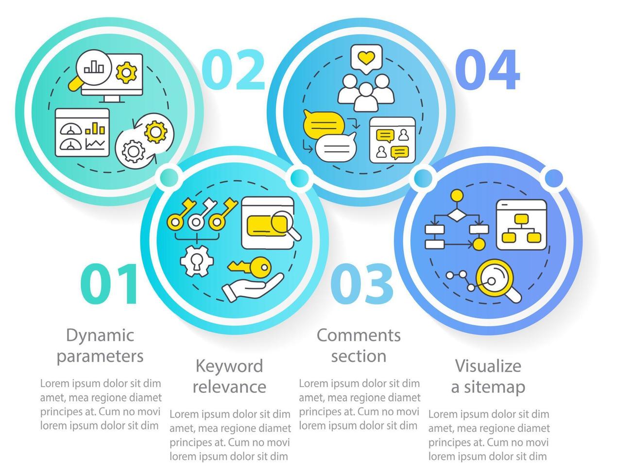 modelo de infográfico de círculo de otimização de mecanismo de pesquisa avançada. visualização de dados com 4 etapas. gráfico de informações de linha do tempo editável. layout de fluxo de trabalho com ícones de linha. vetor