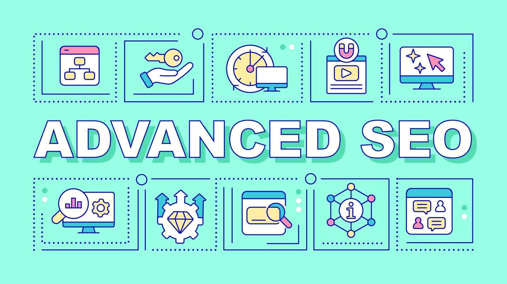 Conceitos de palavra de otimização de mecanismo de pesquisa avançada bandeira turquesa. infográficos com ícones editáveis na cor de fundo. tipografia isolada. ilustração vetorial com texto. vetor
