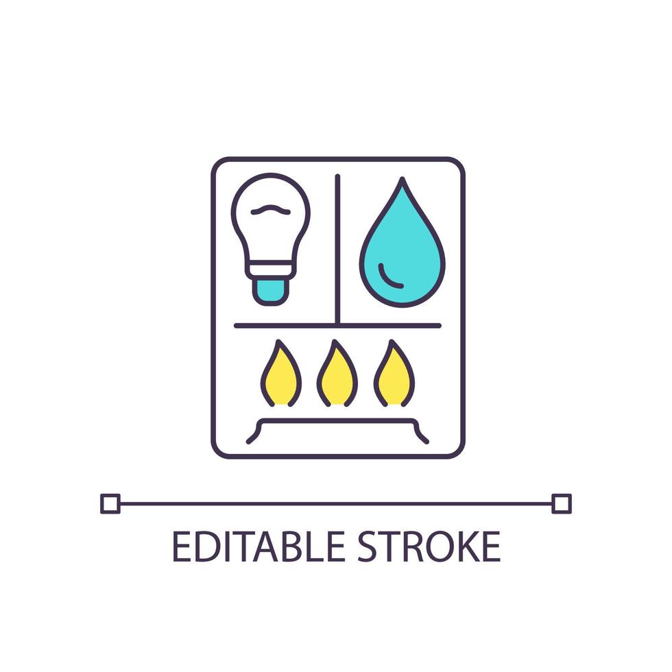 ícone de cor rgb de serviços públicos. serviços domiciliares. eletricidade e abastecimento de água. fonte de gás. conta de luz. ilustração vetorial isolado. desenho de linha preenchido simples. traço editável. vetor