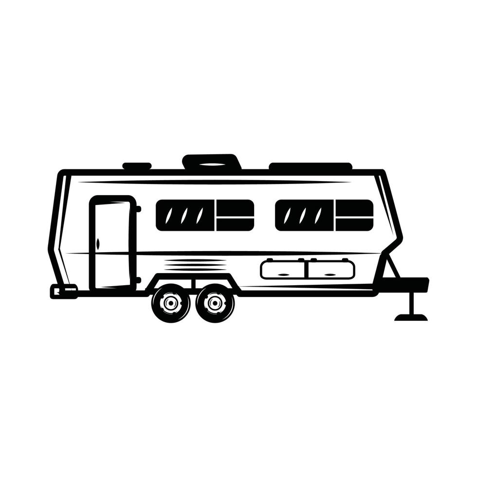 ônibus de van retrô vintage para camping. pode ser usado como emblema, logotipo, crachá, etiqueta. marca, pôster ou impressão. arte gráfica monocromática. vetor