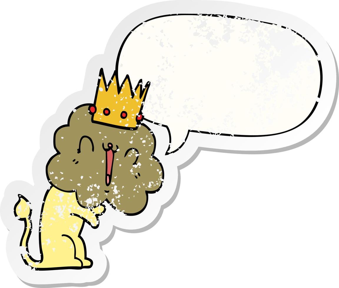 adesivo em apuros de leão e coroa de desenho animado e bolha de fala vetor