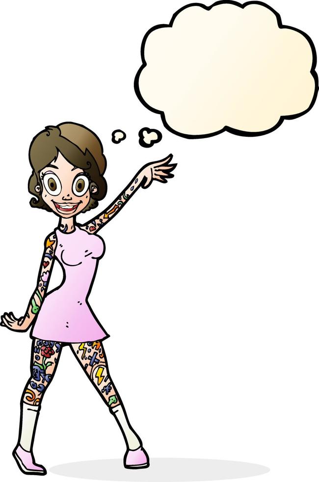 mulher de desenho animado com tatuagens com balão de pensamento vetor