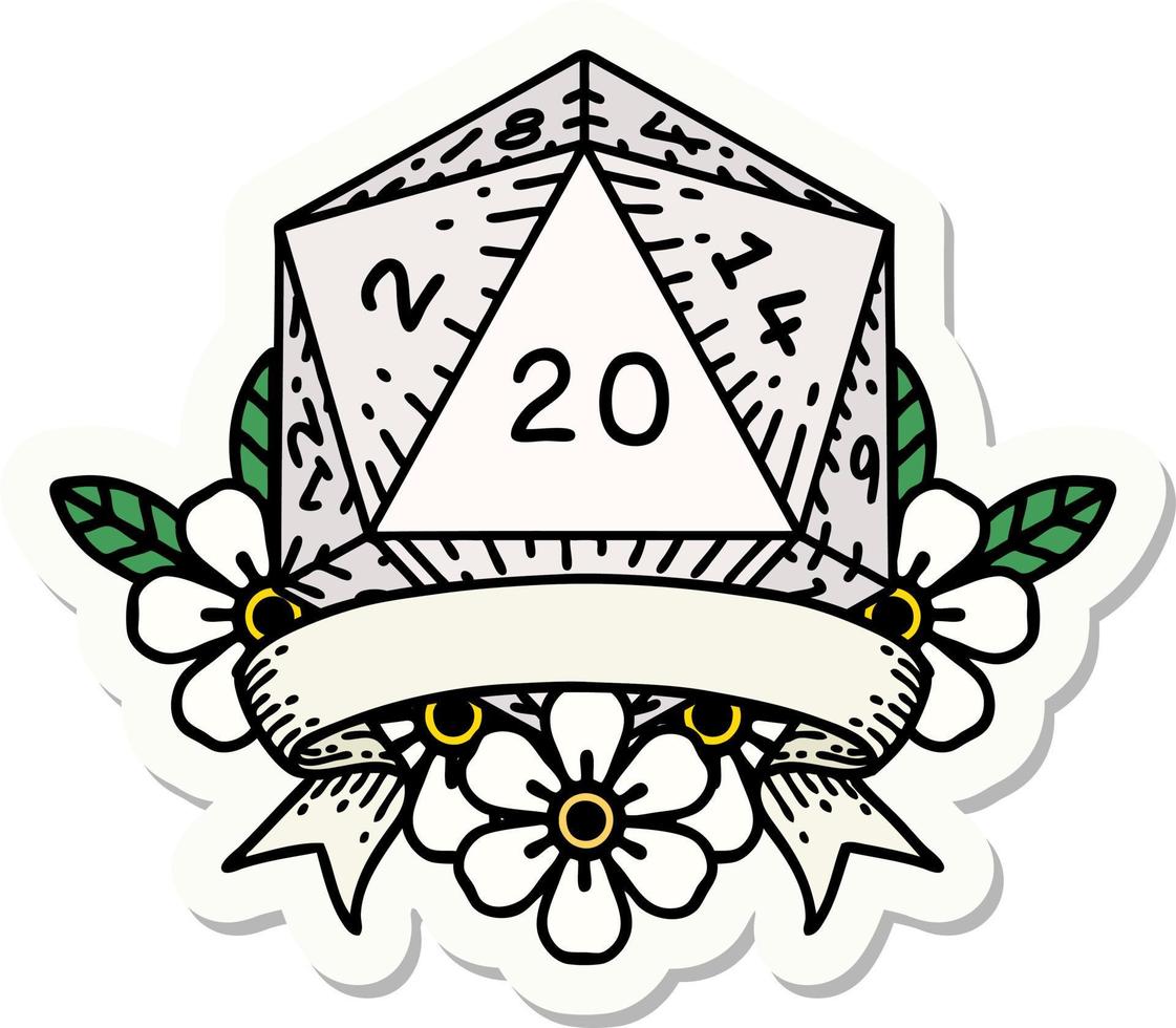 adesivo de rolagem de dados d20 de acerto crítico natural de 20 vetor