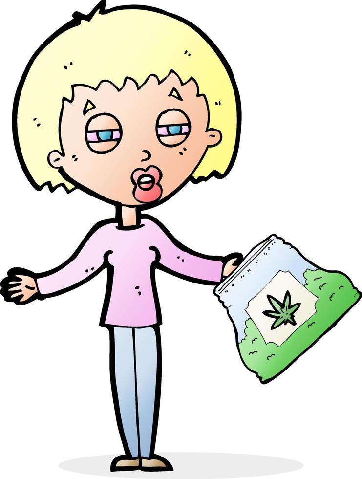 mulher de desenho animado com saco de maconha vetor