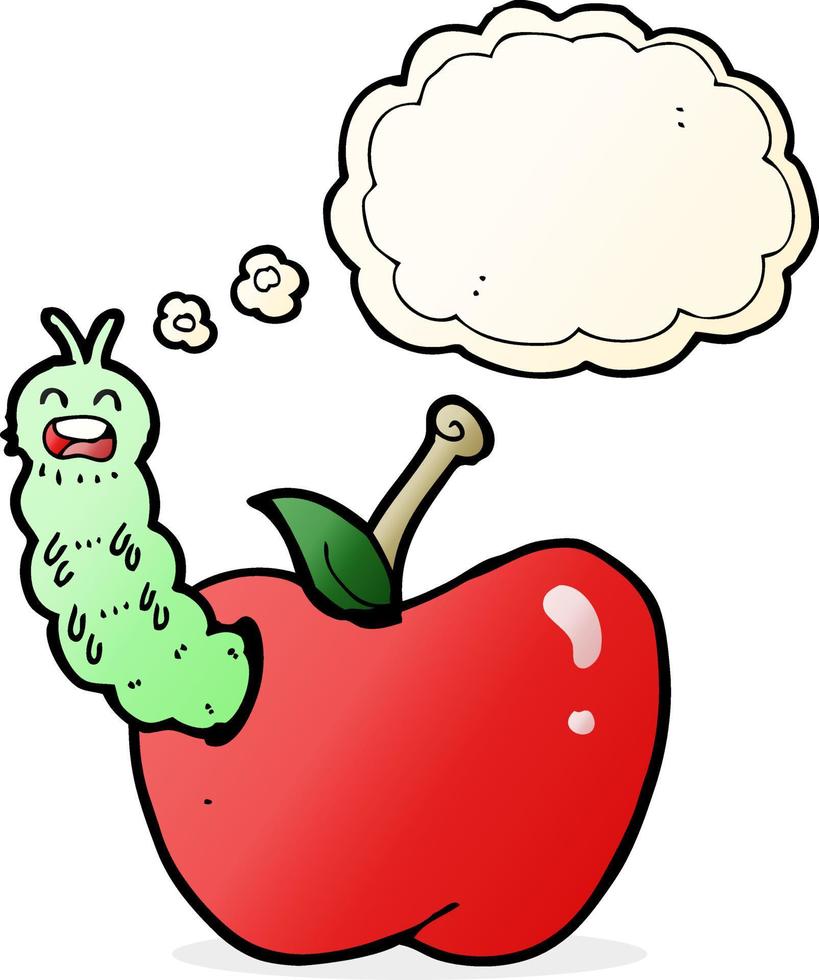 inseto de desenho animado comendo maçã com balão de pensamento vetor