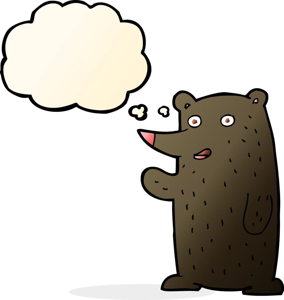 desenho animado acenando urso preto com balão de pensamento vetor
