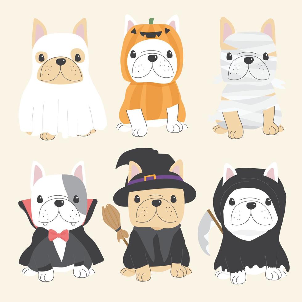 lindo cão buldogue francês na coleção de estilo plano de fantasia de halloween ilustração de vetores eps10