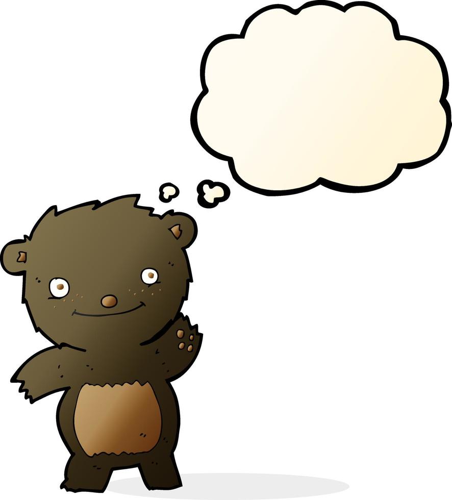 desenho animado acenando o filhote de urso preto com balão de pensamento vetor