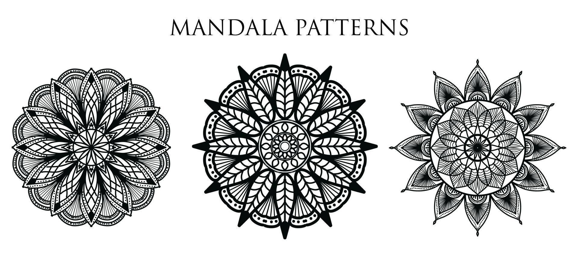 fundo de design de mandala ornamental de luxo, design de mandala, design de papel de parede de arte de livro de colorir padrão de mandala, padrão de azulejos, cartão de saudação, design de mandala definido, preto, design de mandala vetor