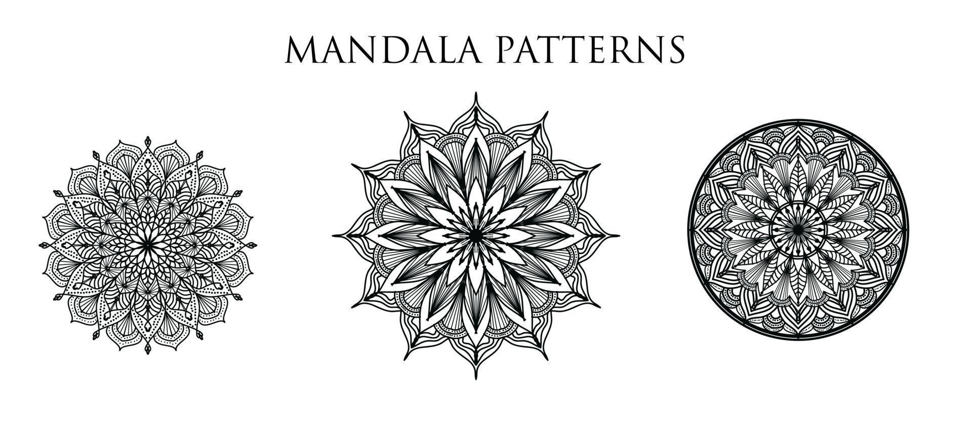 fundo de design de mandala ornamental de luxo, design de mandala, design de papel de parede de arte de livro de colorir padrão de mandala, padrão de azulejos, cartão de saudação, design de mandala definido, preto, design de mandala vetor