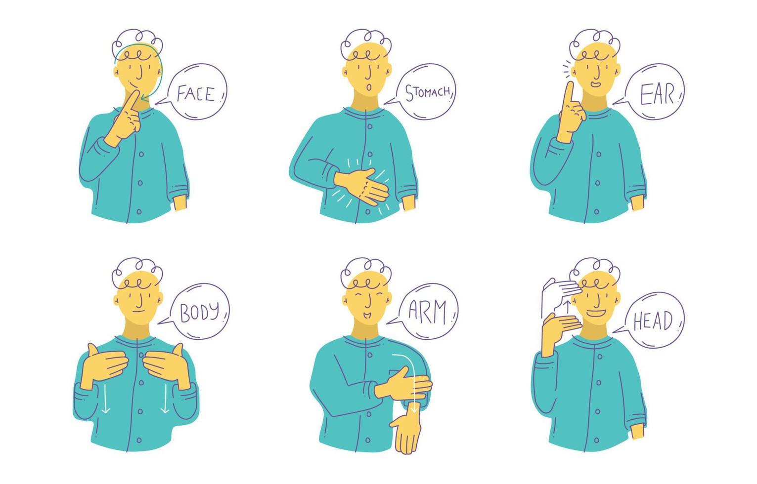 ilustração corporal de linguagem de sinais de personagem doodle vetor