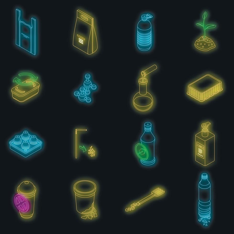 conjunto de ícones de plástico biodegradável vetor neon
