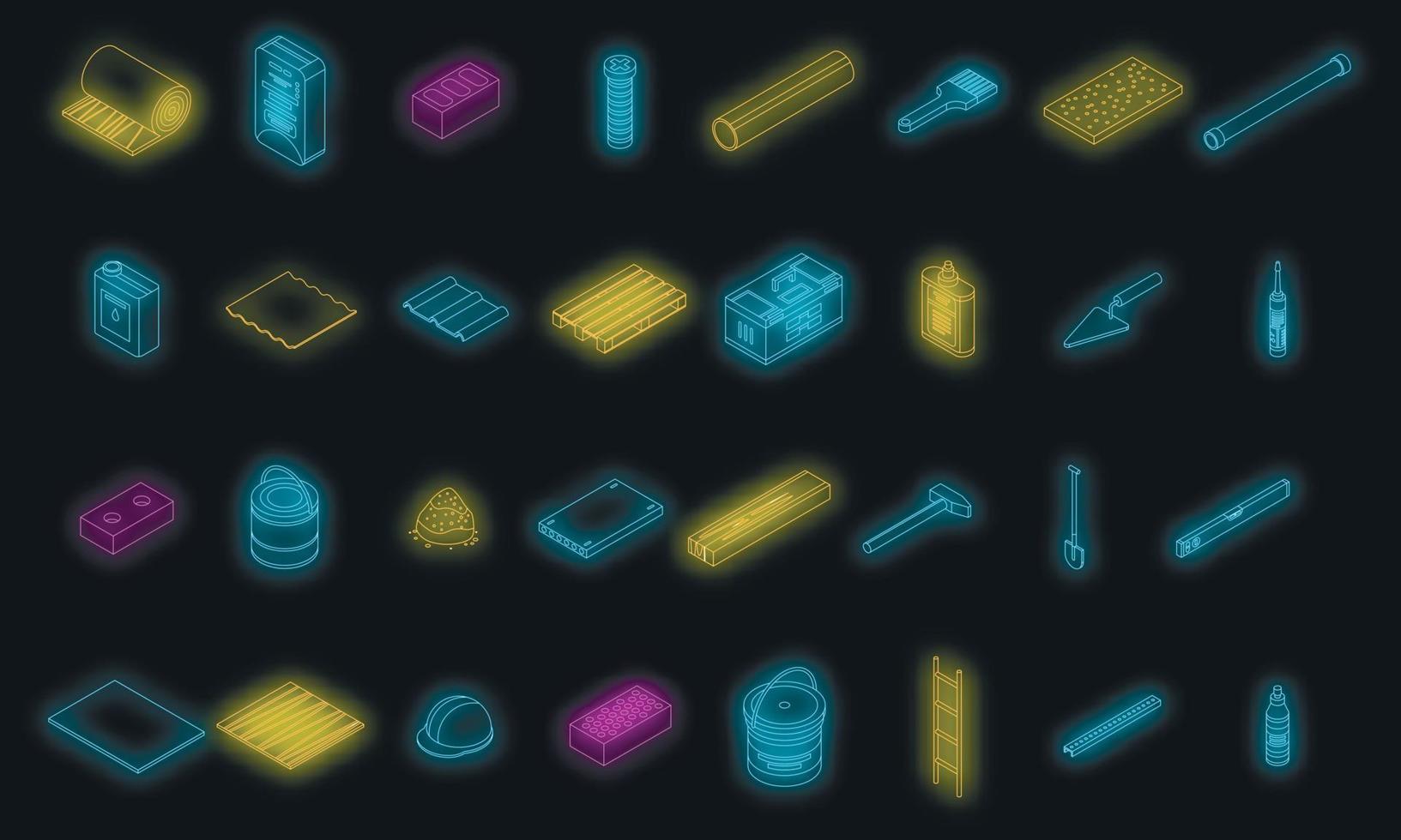 conjunto de ícones de materiais de construção vector neon