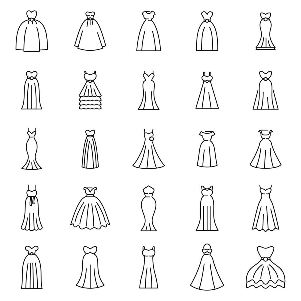 ícones de vestido de noiva definir vetor de contorno. acessórios de noiva