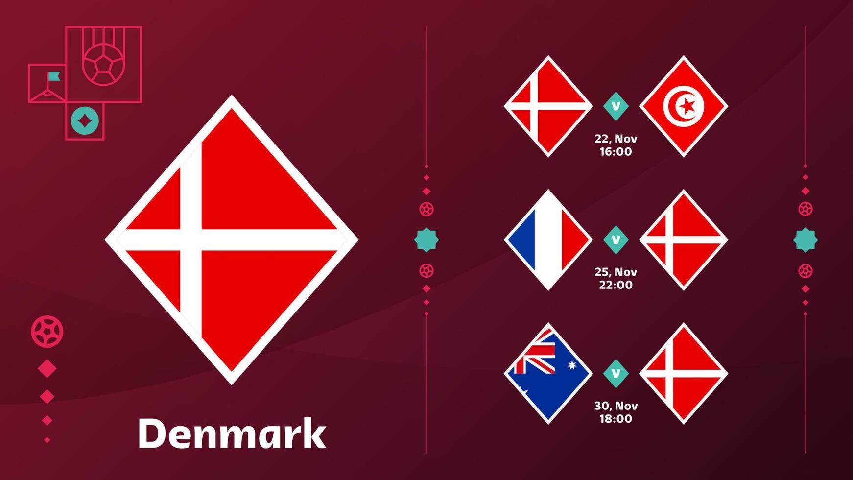 Seleção da Dinamarca agenda partidas da fase final do campeonato mundial de futebol de 2022. ilustração vetorial de partidas de futebol mundial 2022. vetor