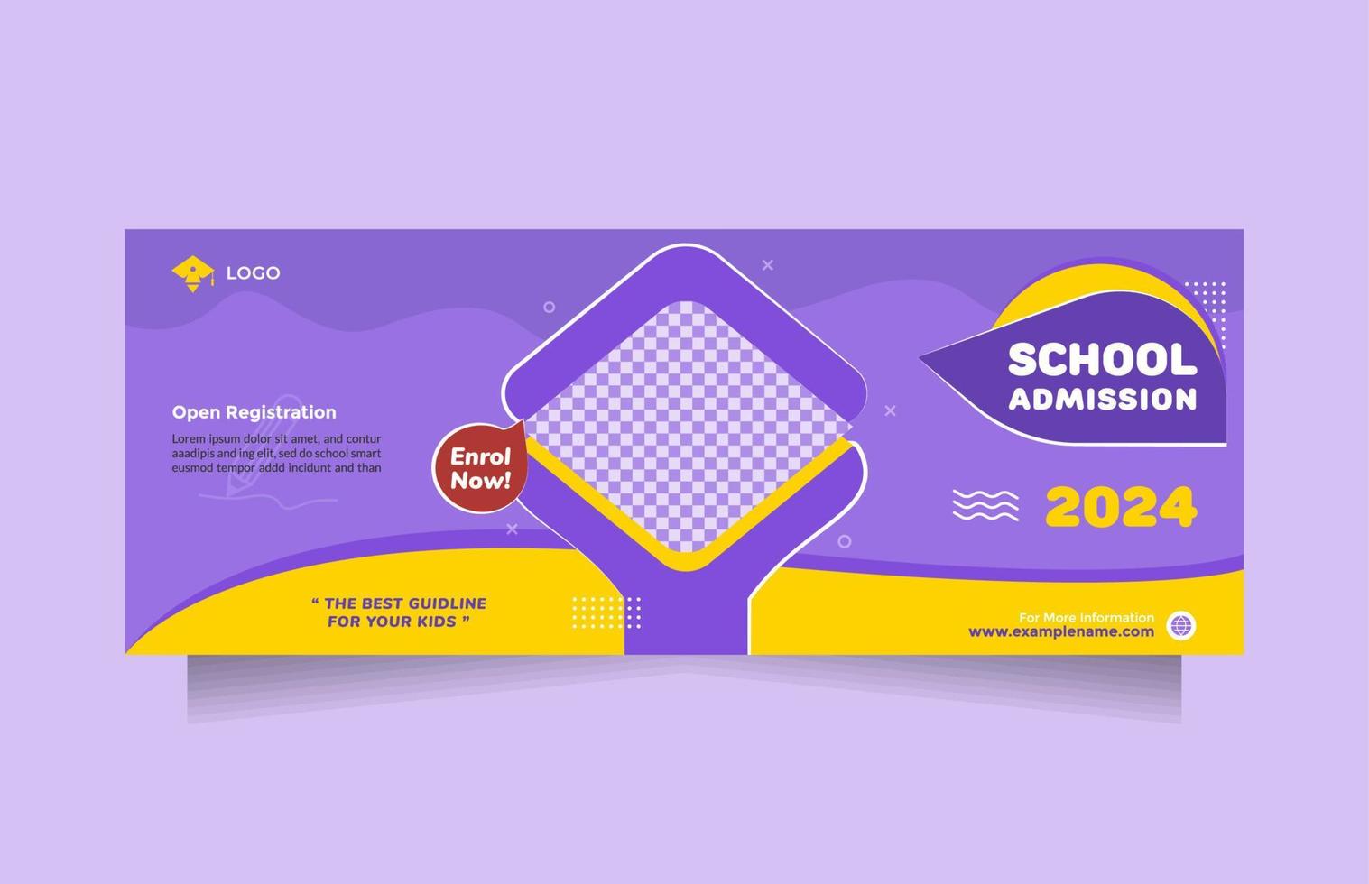 modelo de banner de mídia social de paisagem para promoção de admissão de educação escolar. ideia criativa crianças escola vector design de banner horizontal com cor amarela azul moderna