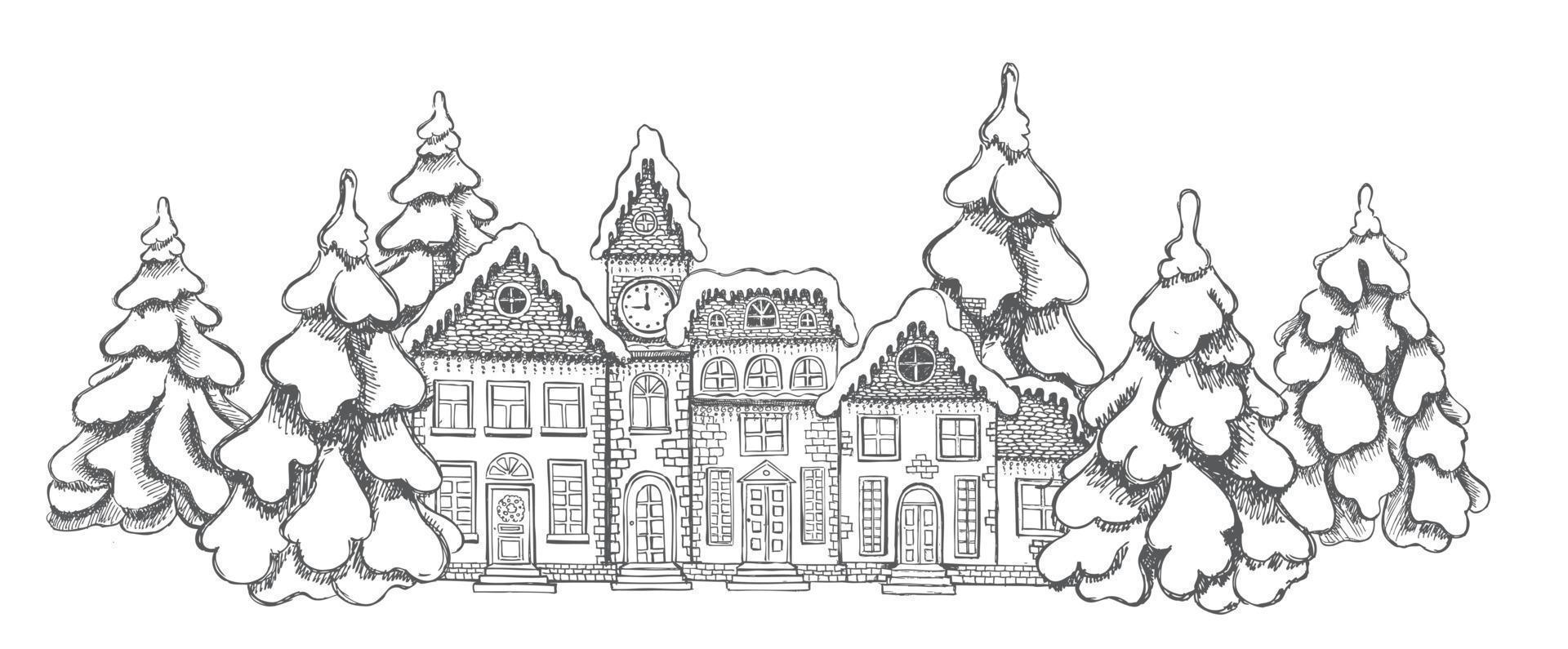 ilustração de casas. cartão de natal. conjunto de edifícios desenhados à mão. vetor