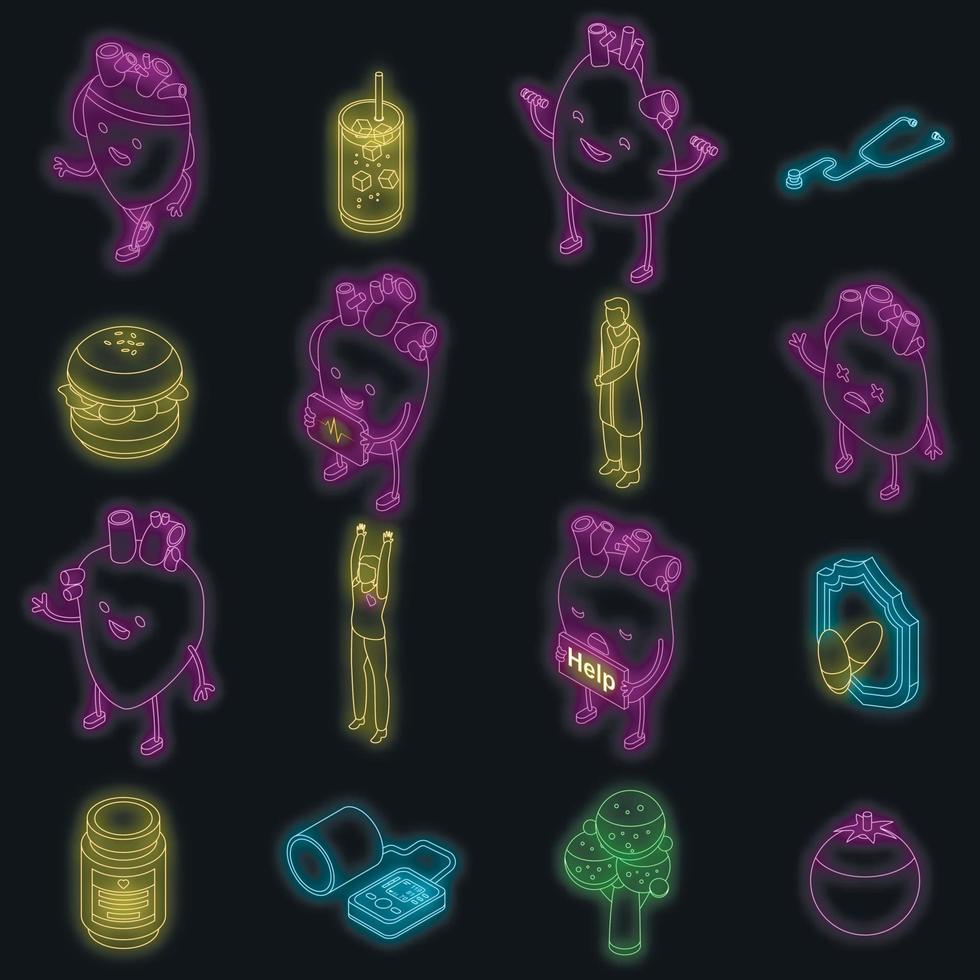 conjunto de ícones de coração saudável vetor neon