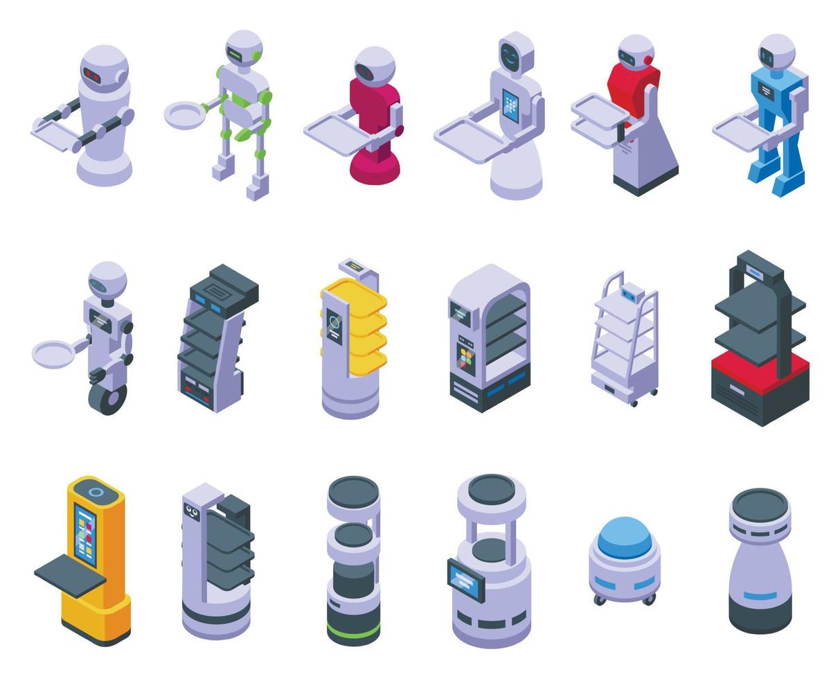 ícones de garçom robô definir vetor isométrico. garçom doméstico