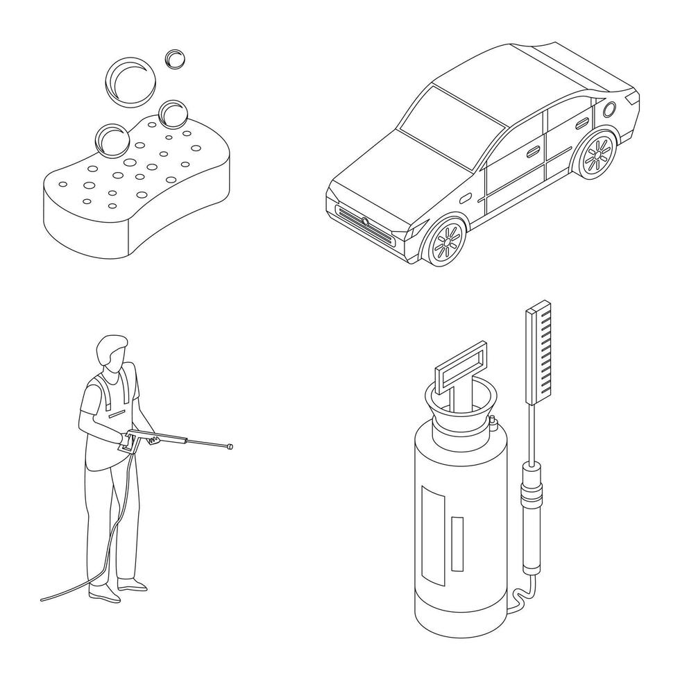 ícones de lavagem de carro definir contorno vetorial vetor