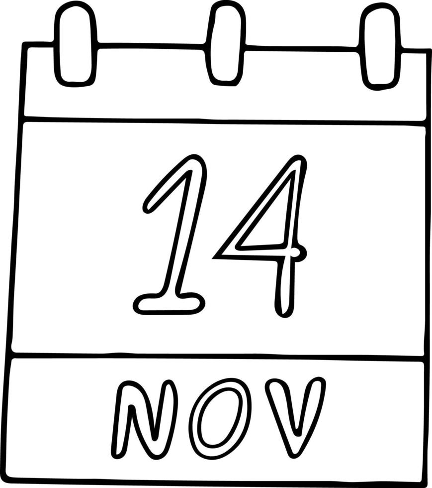 calendário desenhado à mão em estilo doodle. 14 de novembro. dia mundial do diabetes, data. ícone, elemento de adesivo para design. planejamento, férias de negócios vetor