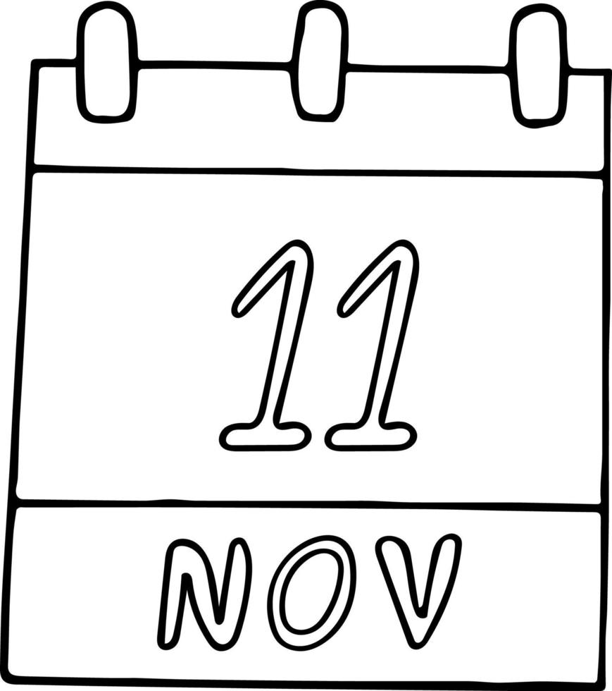 calendário desenhado à mão em estilo doodle. 11 de novembro. dia mundial das compras, internacional de economia de energiadata, lembrança, data. ícone, elemento de adesivo para design. planejamento, férias de negócios vetor