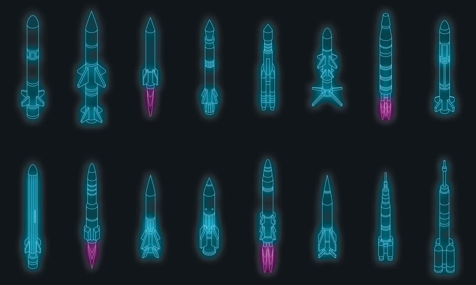 conjunto de ícones de ataque de mísseis vetor neon