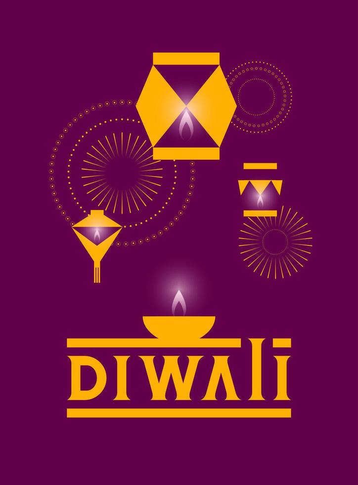 cartaz para festival diwali com lanterna do céu, fogos de artifício e lâmpada de óleo diya em estilo moderno simplificado vetor