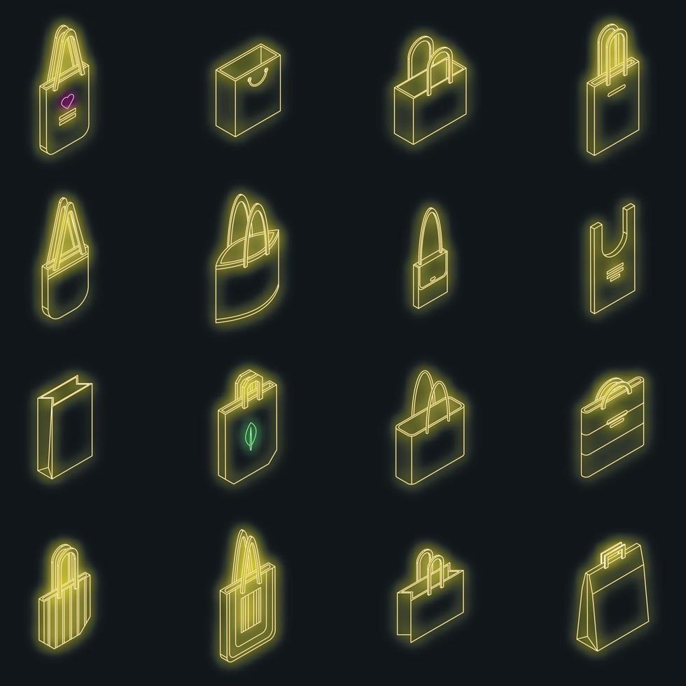 conjunto de ícones de saco ecológico vetor neon