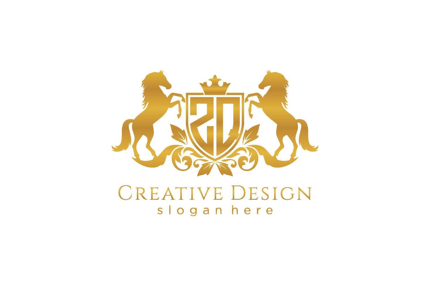 crista dourada retrô inicial zq com escudo e dois cavalos, modelo de crachá com pergaminhos e coroa real - perfeito para projetos de marca luxuosos vetor