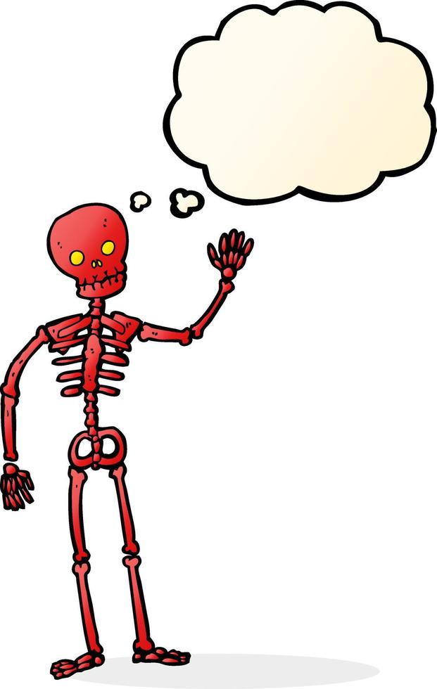 esqueleto acenando dos desenhos animados com balão de pensamento vetor