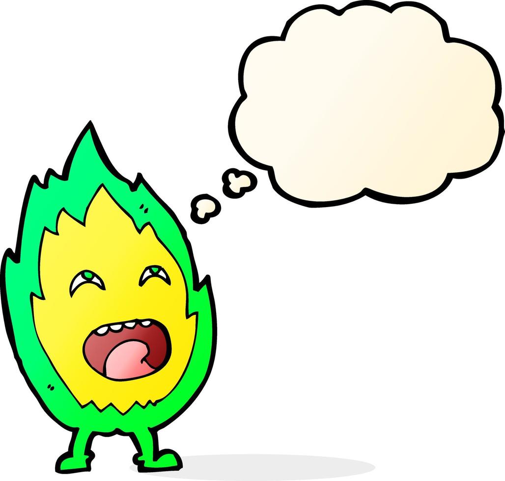 personagem de desenho animado de chama com balão de pensamento vetor