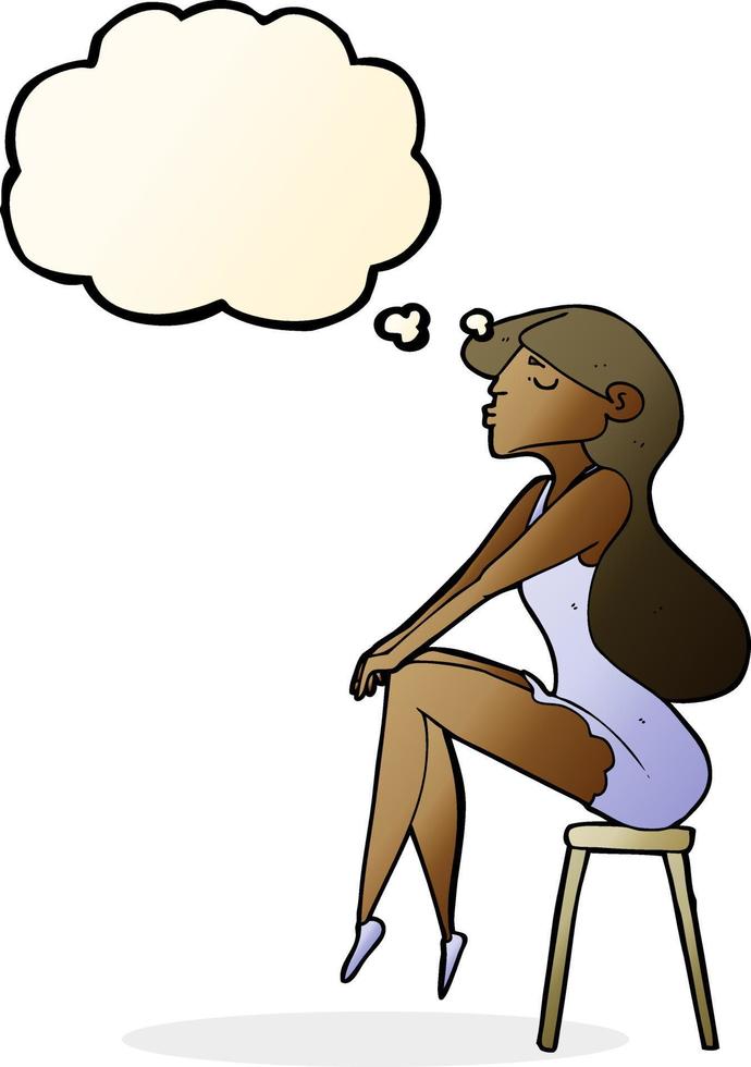 mulher de desenho animado sentada no banquinho com balão de pensamento vetor