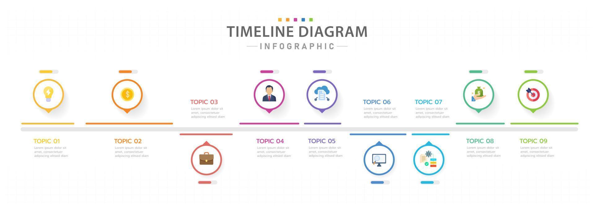 modelo de infográfico para negócios. Calendário de diagrama de linha do tempo moderno de 9 etapas com tópicos de círculo, infográfico de vetor de apresentação.