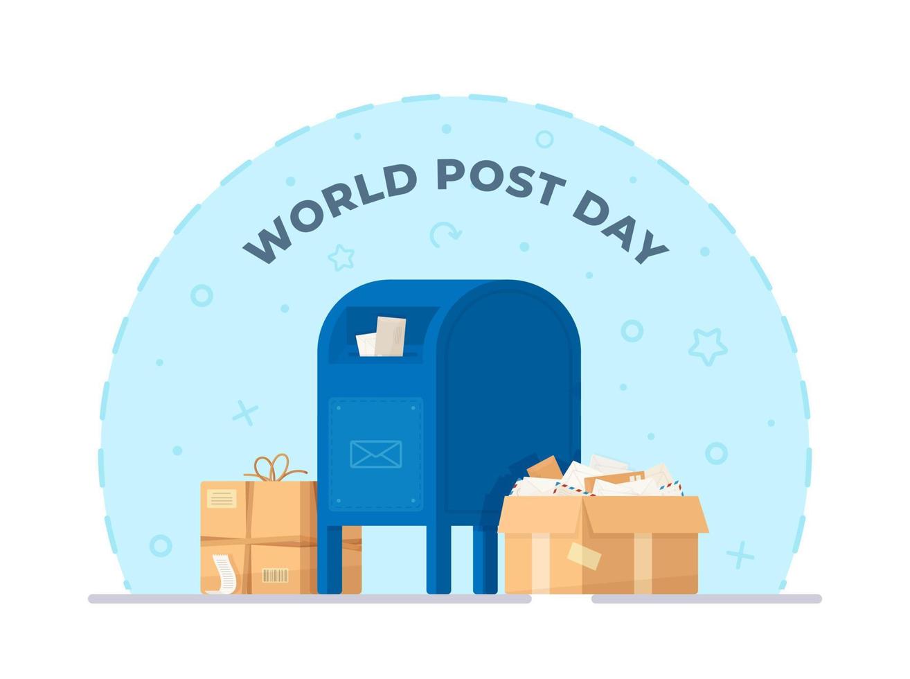 ilustração em vetor de uma caixa de correio azul com uma caixa cheia de folhas, envelopes, encomendas. projeto post festa isolado no fundo branco.
