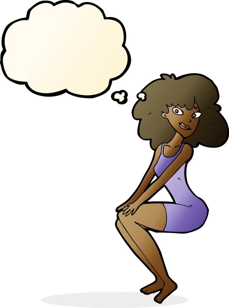 desenho animado mulher sentada no vestido com balão de pensamento vetor