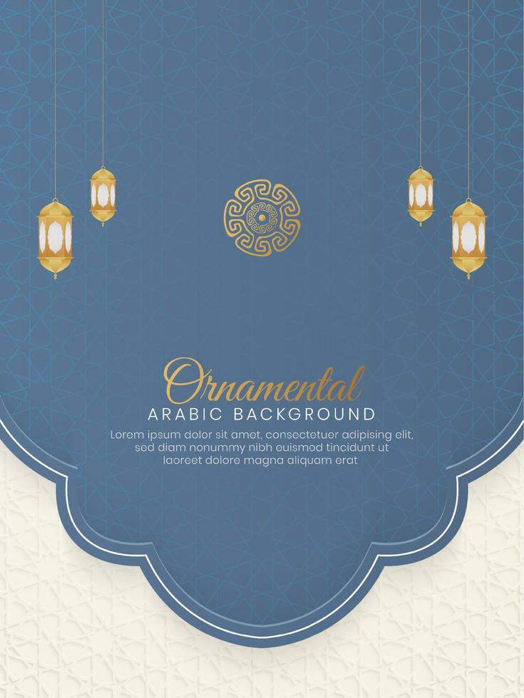 fundo de luxo azul árabe islâmico com padrão geométrico e belo ornamento com lanternas vetor