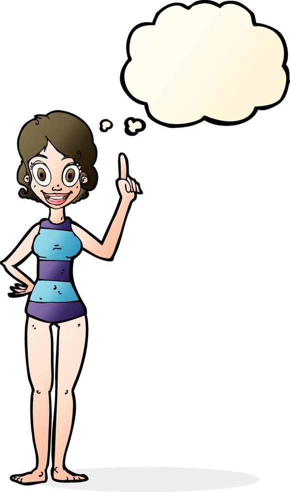 mulher de desenho animado em maiô listrado com balão de pensamento vetor