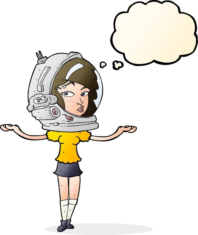 mulher de desenho animado usando capacete espacial com balão de pensamento vetor