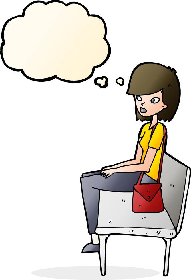 mulher de desenho animado sentada no banco com balão de pensamento vetor