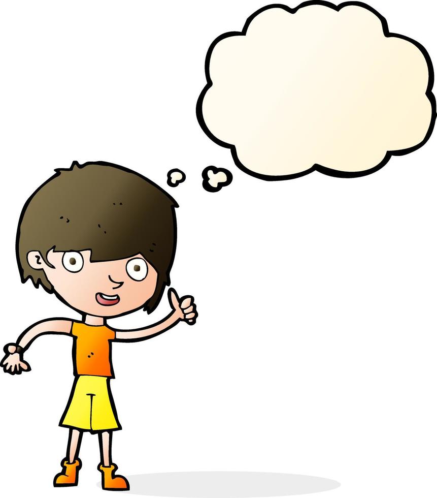 menino de desenho animado com atitude positiva com balão de pensamento vetor