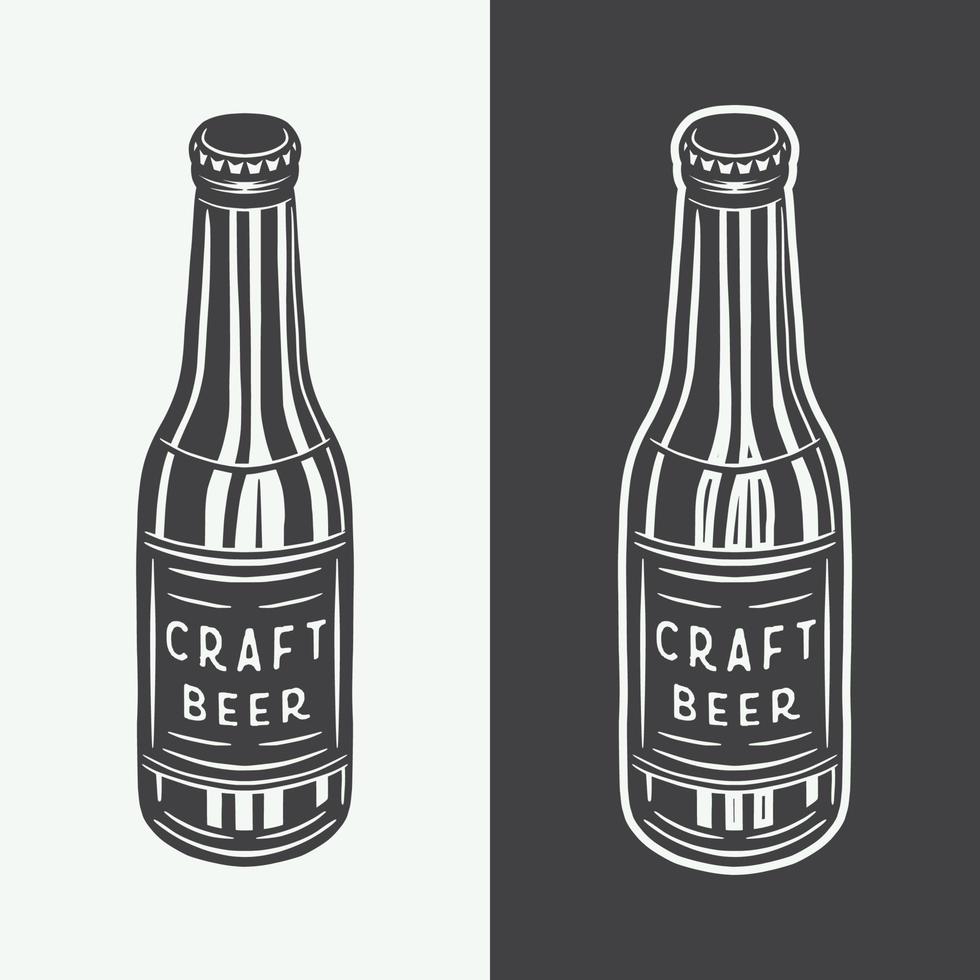 xilogravura retrô vintage gravura garrafas de cerveja de madeira. pode ser usado como emblema, logotipo, crachá, etiqueta. marca, pôster ou impressão. arte gráfica monocromática. vetor