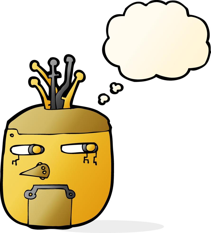 cabeça de robô de ouro dos desenhos animados com balão de pensamento vetor