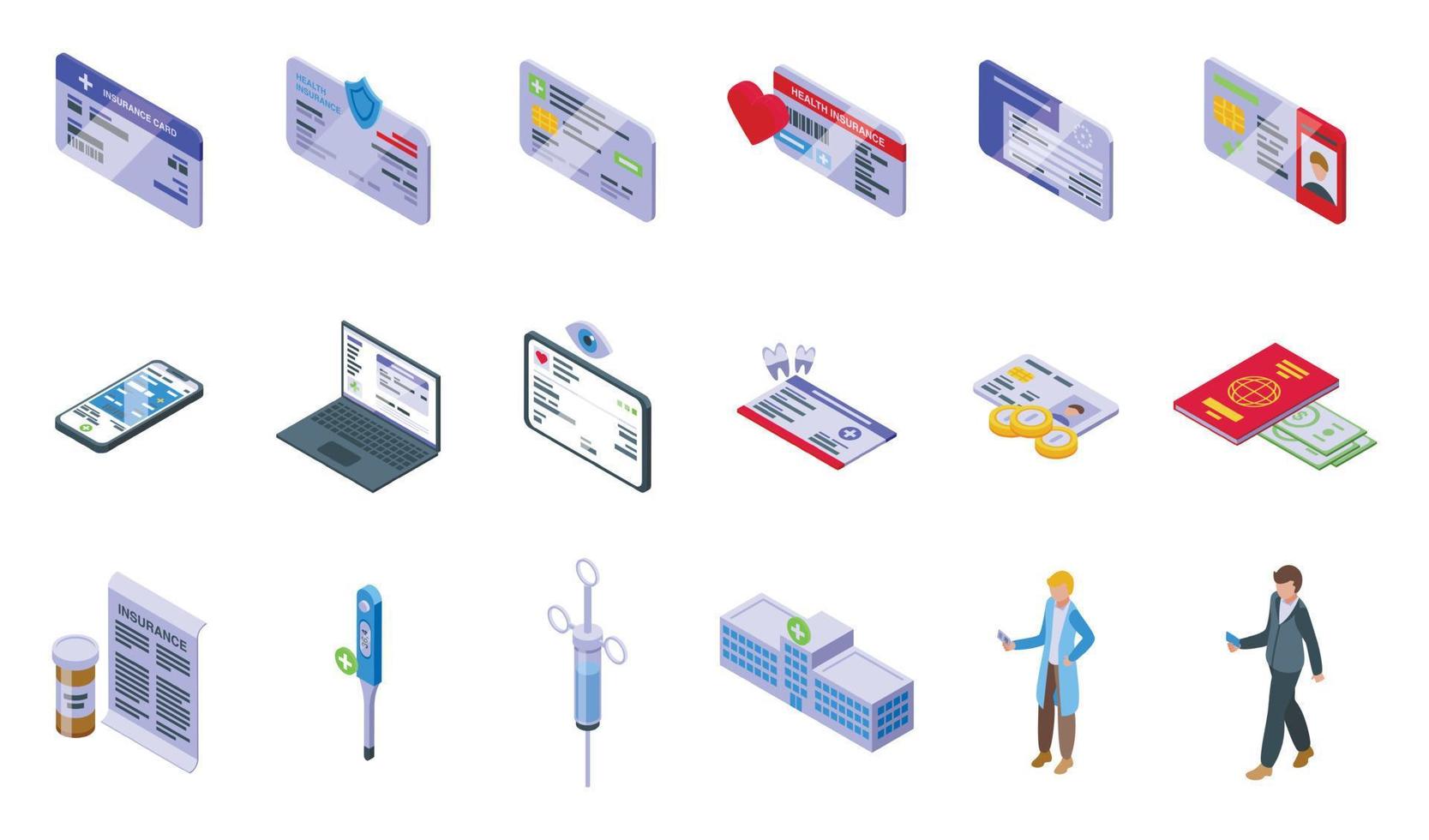 ícones de cartão de seguro definir vetor isométrico. saúde hospitalar