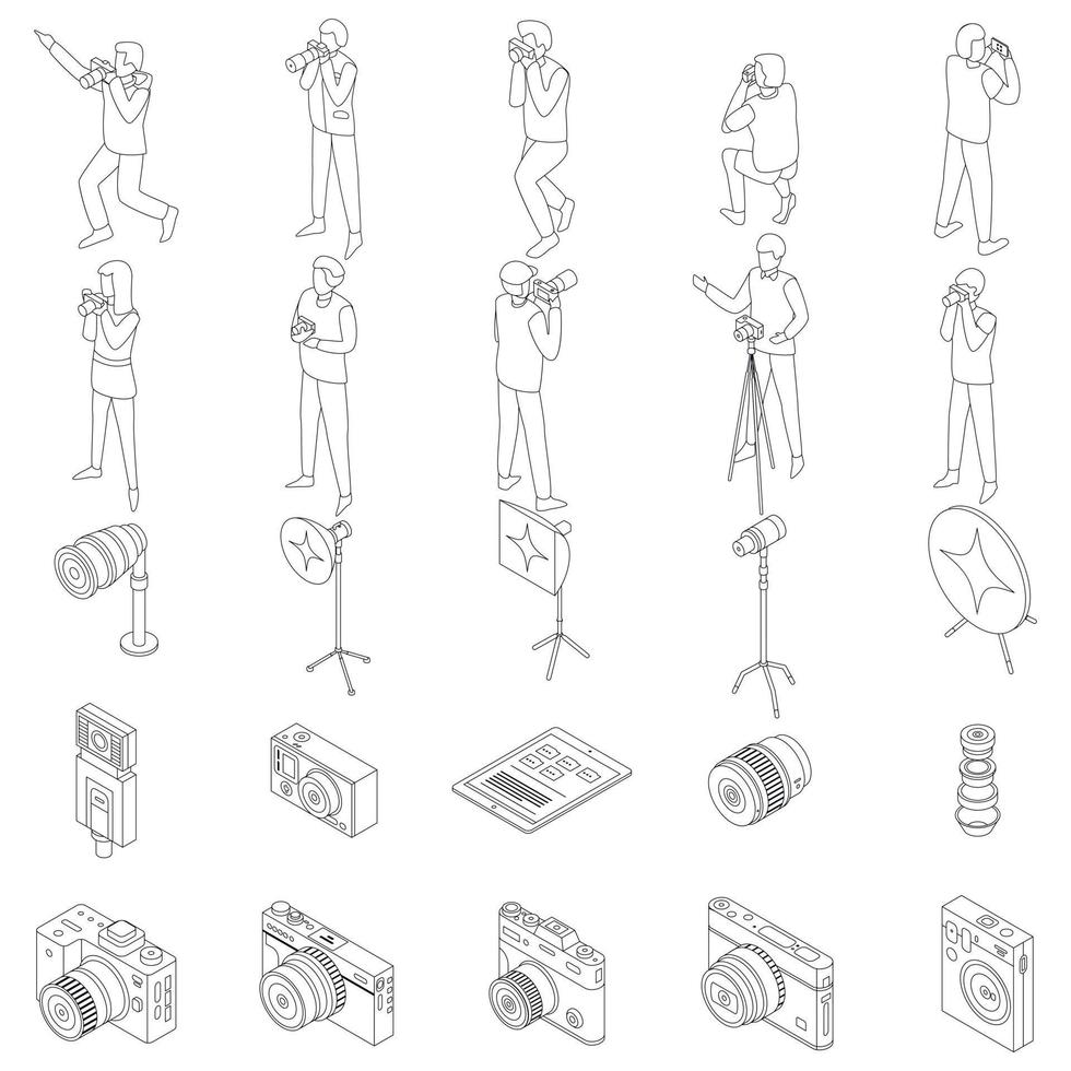 ícones de equipamento de fotógrafo definir contorno vetorial vetor